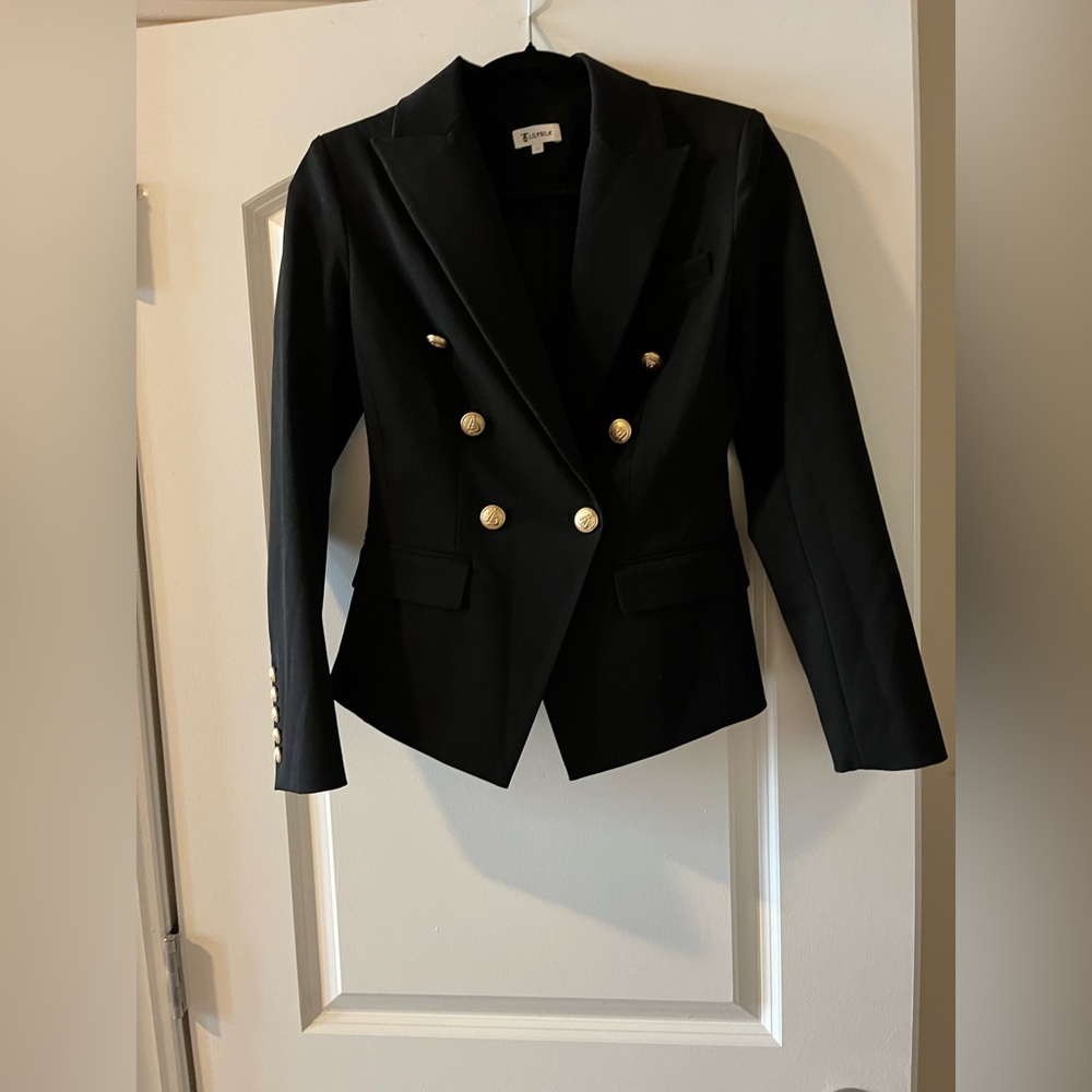 Lilysilk Black Double-Breasted Blazer with Gold Buttons